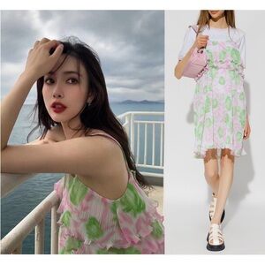 GANNI Pleated Floral Y2K Lettuce Edge Soft Girl Fairycore Coquette‎ Slip Dress M
